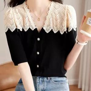 물결라인 레이스 얇은 반팔 니트 브이넥 주얼리 단추 여성여름 카라 롱