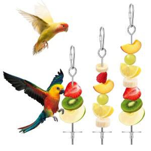 3Pcs 앵무새 과일 스틱 피더 채소 간식 꼬치 새장 스테인리스 스틸 식품 홀더 - Macaw Parakeet Budgie용 새 먹이 찾기 성인용 걸기 (3 사이즈)