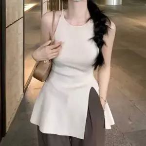 홀터넥탑 여름 홀터넥 옆트임 롱 나시 민소매 썸머 슬리브리스