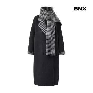 BNX 비엔엑스울 블렌드 카라 배색 체크 머플러 세트 롱 코트 BX4CT001L0 906596