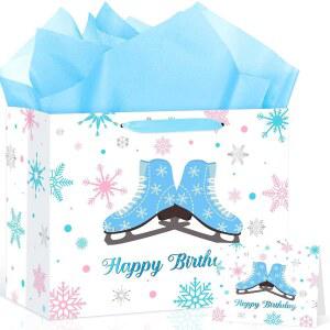 스 스케이팅 생일 파티, 선물 가방에 포장지와 카드 대형 겨울 원더랜드 눈송이 파티 포장지 여자 소년 장식용 사탕 가방 제공