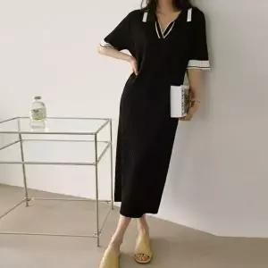 [하프클럽/]배색 카라 반팔 니트 롱 원피스 여름 데일리