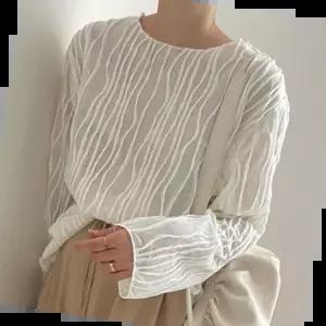 하늘하늘한블라우스 물결 라인 포인트 여성 셔츠 노카라 라운드 오피스룩