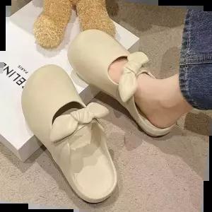 둥근코 쿠셔닝 발등 리본장식 슬리퍼 넓은발볼 캐주얼