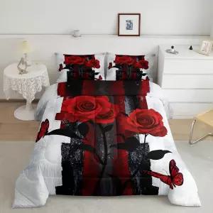 여성용 옴브레 수채화 이불 세트 블랙 앤 그레이 유화 침구 러스틱 로즈 나비 플로럴 삽입 방 장식 커플