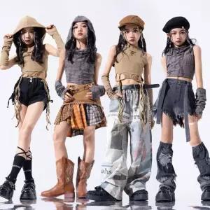 주니어 아동방송댄스복 무대 댄스복 공연 댄스의상 사막 스타일 후드 재킷 신문 작업복 바지