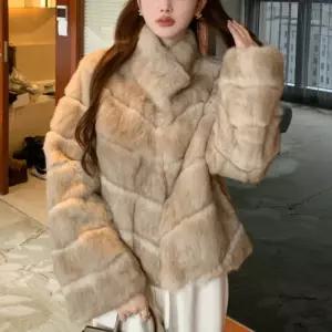 여성 천연모피 레빗퍼 코트 겨울 데일리 아우터