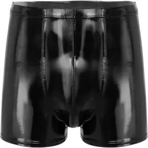 YONGHS 남성 라텍스 PVC 인조 가죽 쇼트 팬츠 로우 라이즈 벌지 파우치 복서 반바지 핫팬츠 수영 트렁크