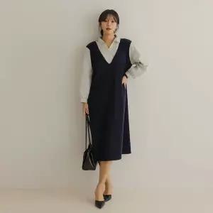 [하프클럽/]주렌 베스트 줄지 셔츠 배색 원피스