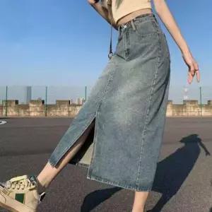 청 롱치마 데님 트림 롱스커트 청치마 WFM72AD