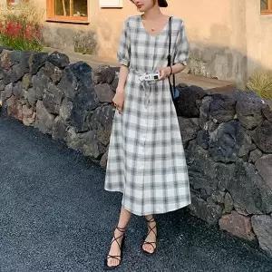 [오노마] ONM 체크 롱원피스 데일리 반팔 볼륨 셔츠 원피스 (S10375319)