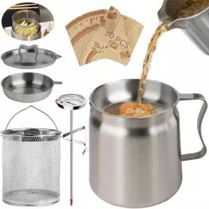 스트레이너가 있는 2L 오일 필터 포트 베이컨 그리스 세이버 조리 온도계가 68온스 스틸 부어 튀김기