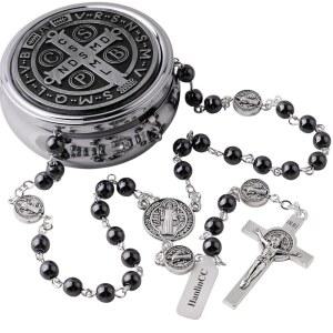 HanlinCC 6mm 헤마타이트 스톤 블랙 비즈 가톨릭 성인 베네딕트 묵주 목걸이(세인트 센터 피스 포함)와 금속 선물 상자 포함 십자가