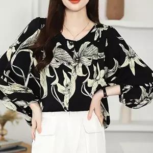 가을여성블라우스 플라워 셔링 긴팔 블라우스 A라인 언발기장 벌룬소매
