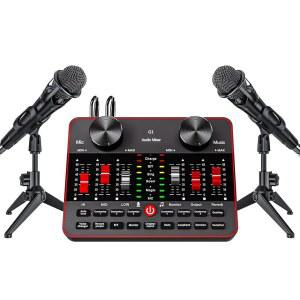 라이브 사운드 카드 오디오 믹서가 포함된 팟캐스트 마이크 번들, PC/폰 스트리밍 노래 게임, 보이스 체인저, 노이즈 제거를 위한 3.5mm 콘덴서 2개 포함 장비 번들