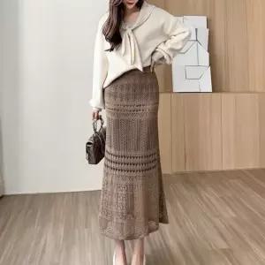 여성스커트 f006613 레이스니트 밴딩 롱 치마 펀칭