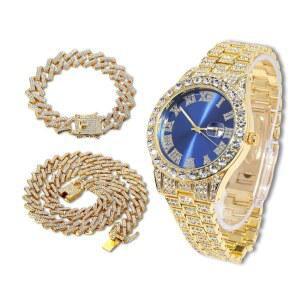 남성 리치헛 다이아몬드 시계 - 블루 다이얼 아이스 아웃 18MM 와이드 손목밴드 18K 리얼 골드 / 흰색 화이트 플래티넘 도금 쿠바 링크 체인 세트 옵션 남자친구 남편을 위한 선물
