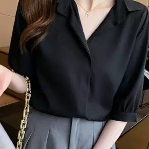 (올핀)여름남방 무지 심플 5부 소매 쉬폰 셔츠 오피스룩