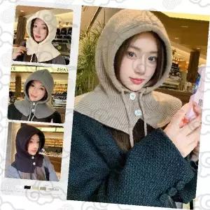 머리 목 얼굴 감싸는 여성 겨울 방한용품 뜨개질 두건 귀마개 목도리 일체형
