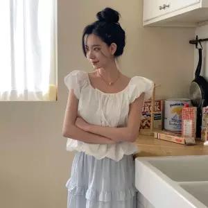 [옷자락] 여성 봄여름 시원한 리본 퍼프 크롭 셔츠