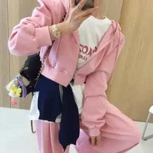 봄 투게더 크롭 투웨이 후드집업 밴딩 조거 와이드 스트링 핀턱 팬츠 트레이닝 투피스세트 (4color)