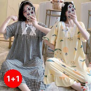 원뿔원 스타일아유 여성용 잠옷 반팔 빅사이즈 귀여운 프린트 레이스 수면원피스 홈웨어 OP2085