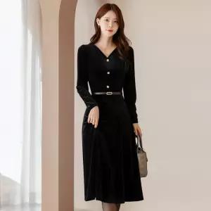 [시크라인] (~XXL까지) 카이넬 큐빅 벨트 벨벳 플레어 원피스 겨울 하객룩 오피스룩 모임룩 격식룩 연말룩 빅사이즈