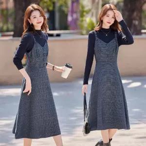 여자 정장세트 체크 나시 원피스 추동 빈티지 모직 멜빵 스커트 투피스 롱 원픽4