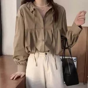 넥라인 셔링 내추럴 무드 여유핏 벌룬소매 블라우스 WE6B93C