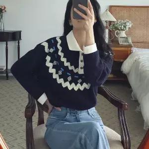 피케 카라 배색 니트 티셔츠 긴팔 여성 빅사이즈