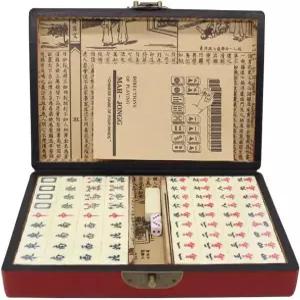 수지 중국 마작 세트 여행 가족 게임을 위한 휴대용 144 미니 타일 도트 주사위 가죽 상자 중간 크기