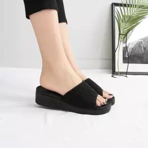 국내제작 펄글리터 스트랩 통굽 낮은굽 웨지 슬리퍼Y