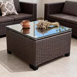 샤카레 위커 파티오 가구 - 사각 야외 커피 테이블 강화 유리 테이블탑 및 방청 코팅 강철 프레임 단면