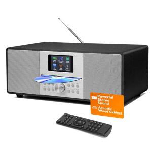 망고킷 MS4+ CD 플레이어 I FM 라디오 HiFi 시스템 블루투스 강력한 스테레오 어쿠스틱 우드 캐비닛 플레이어, 스피커 40 프리셋, 헤드폰 잭 메탈릭 블랙 마감