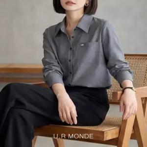 [유아몽드]프리미엄 그레이 스판 여성 카라넥 긴팔 셔츠 오피스