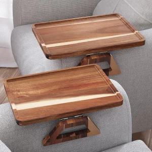 댄폭서 2팩 아카시아 우드 소파 팔걸이 트레이 접이식 테이블 클립온 책상 음료 간식 전화 리모컨