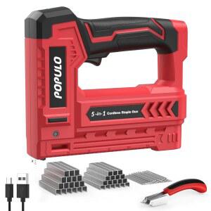 POPLUPO 전기 스테이플 건 5 in 1 밴드 네일러, 4V 충전식 무선 스테이플러, 2,000개의 스테이플과 못으로 구동되는 핀 네일 건 배터리, 가정용 전원 와이어 스테이플 건, 목재, 가구용 전원 케이블 스테이플 건, DI