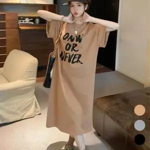 [룽스]레터링 플레어원피스 포인트 롱 옆트임 반팔 원피스