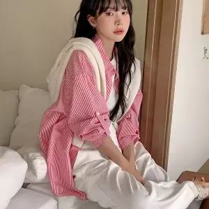 핫핑 [3컬러/포인트룩] 줄리드 오버핏 스트라이프 긴팔셔츠