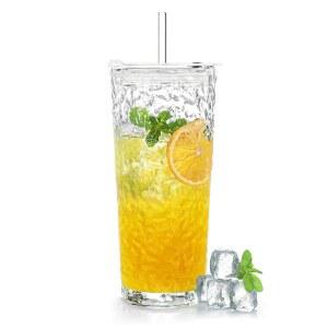 뚜껑과 빨대가 있는 푸라빌 18온스 유리컵, 위스키 칵테일 맥주용 빈티지 글레이셔 패턴 강화 유리 제품, 메이슨 병 음료 컵 텀블러 스 커피 컵, 클리어