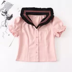 핑크 마린 세라복 퍼프소매 여자 반팔 교복셔츠 교복