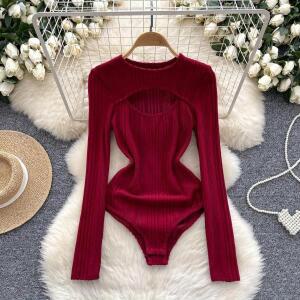 여성용 핫스위트 할로우 아웃 바디수트, 시크한 O넥, 섹시한 긴 소매 점프수트, 기본 슬림 탑 롬퍼, 가을