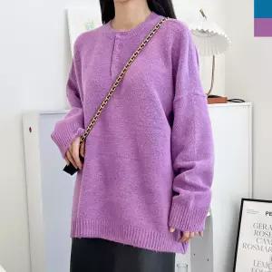 여자오버핏부클헨리넥울니트 여성상의 티 빅사이즈 단추넥 이즈