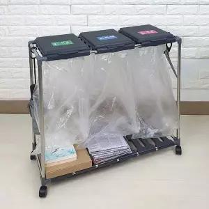 [에이치플러스몰](DAMDA) 재활용 분리수거함 블랙 그레이 3단 + 비닐 50매 일반쓰레기