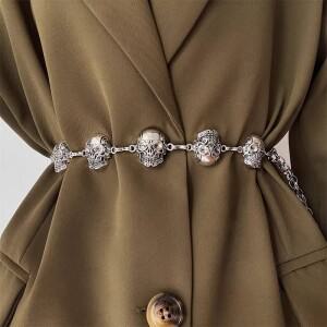 펑크 해골 실버 허리 체인 벨트, 여성 고딕 디자이너, 록 하이 엔드  , 금속 Y2K