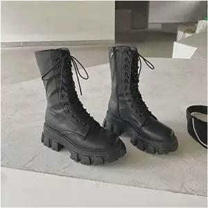 [엄지척]블랙워커 849QQO37 롱부츠 여자 워커 장목 통굽 레이스업