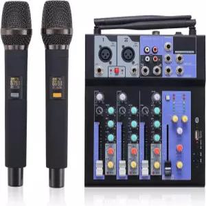 듀얼 무선 마이크 4채널 믹서 보드 사운드 DJ 콘솔 시스템 MP3 블루투스 48V 팬텀 전원 USB 인터페이스를