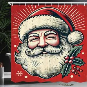루나블 크리스마스 샤워 커튼 리피 베리 팝 아트 분위기의 네오 전통 산타 일러스트 후크가 달린 천 소재