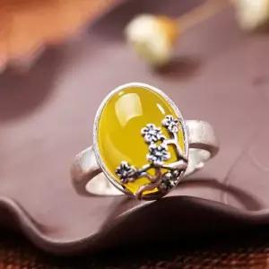S925 옐로우 루비 칼세도니 마노 원석 매화 반지 황옥