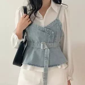 [다잇템] 여성 진 코르셋 혁대 블라우스 흰색 세트_20465430_588872